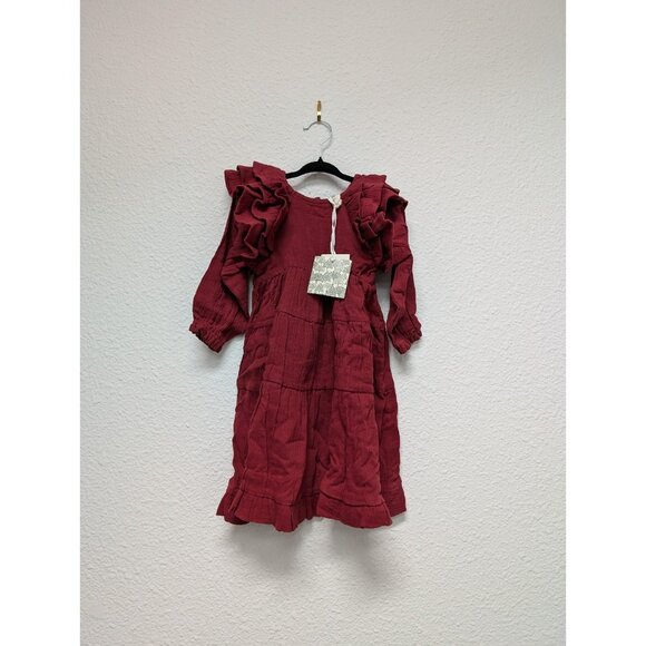 Kate Quinn Lng Sleeve Tiered Ruffle Midi Dress Cotton Gauze Dark Cranberry 18-24